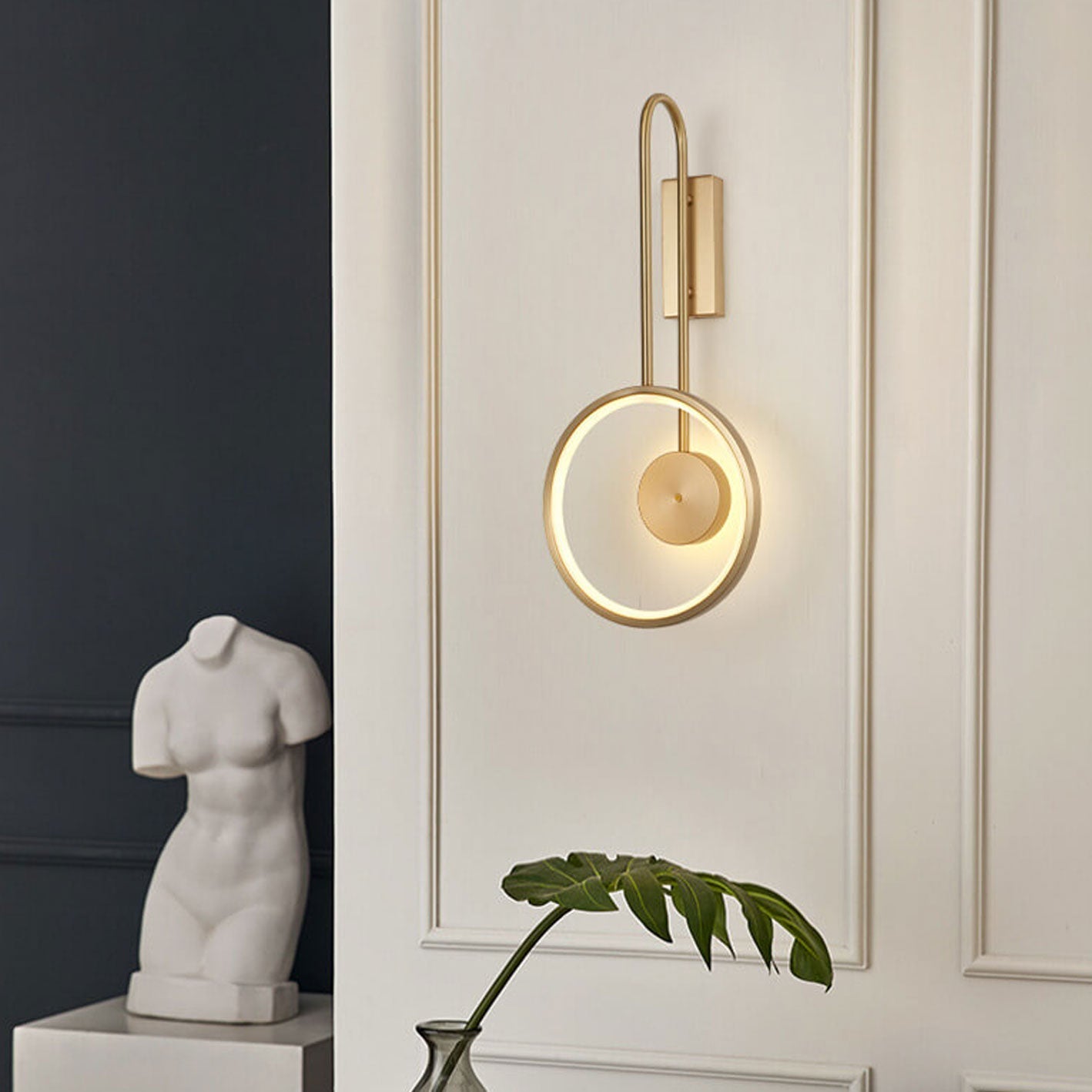 Light Full Copper Circle Curved Arm LED Wall Sconce Lamp