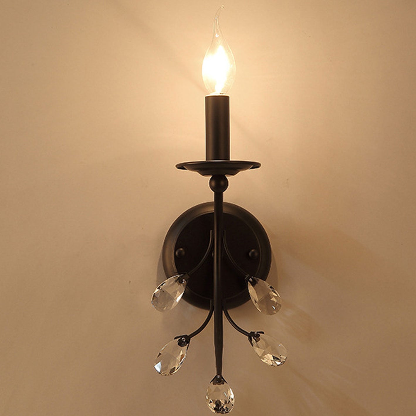European Wrought Iron Crystal 1-Light Wall Sconce Lamp