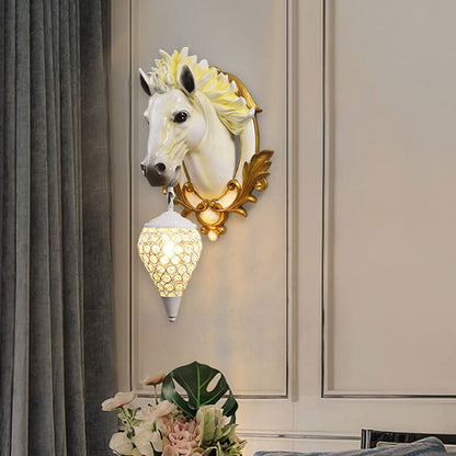 European Resin Horse Head Lantern 1-Light Wall Sconce Lamp