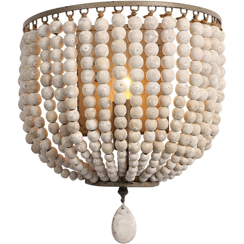 Contemporary Boho Solid Wood Iron Beaded Wall Sconce Lamp