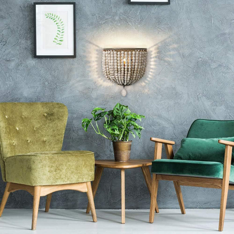 Contemporary Boho Solid Wood Iron Beaded Wall Sconce Lamp