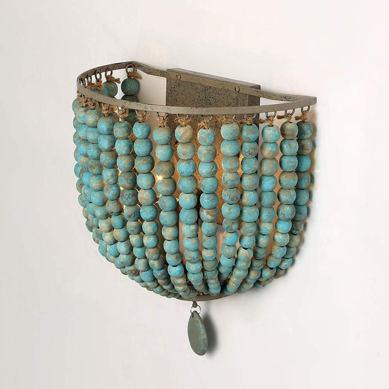Contemporary Boho Solid Wood Iron Beaded Wall Sconce Lamp