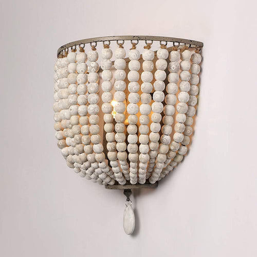 Contemporary Boho Solid Wood Iron Beaded Wall Sconce Lamp