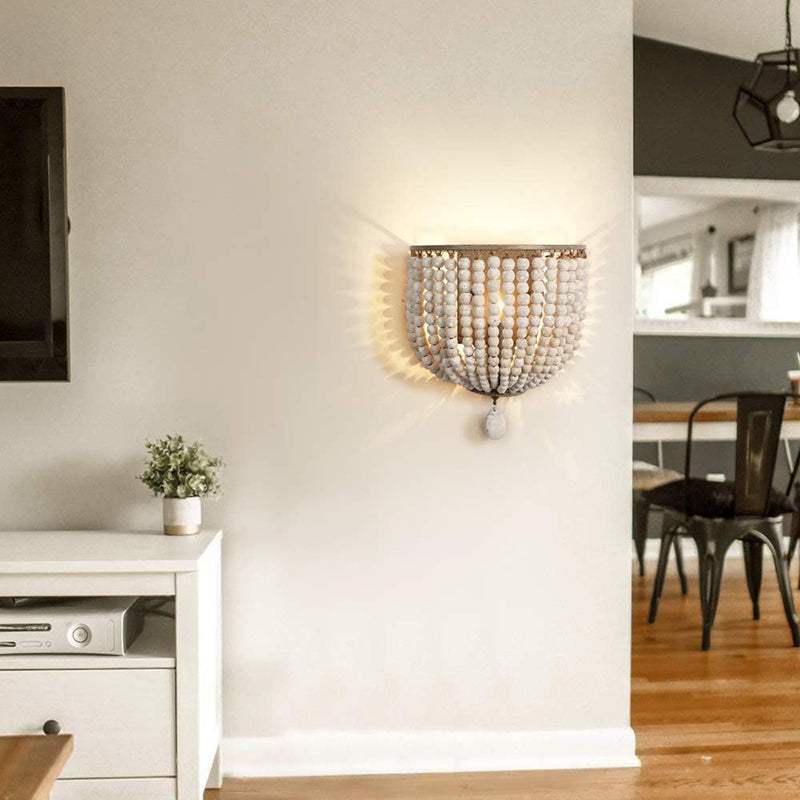 Contemporary Boho Solid Wood Iron Beaded Wall Sconce Lamp