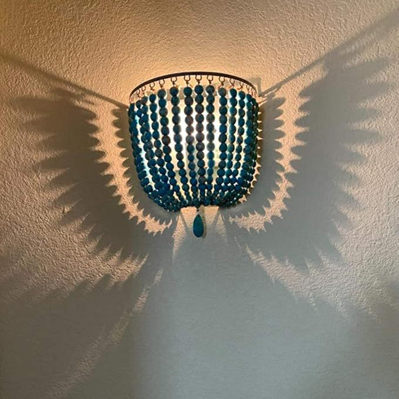 Contemporary Boho Solid Wood Iron Beaded Wall Sconce Lamp