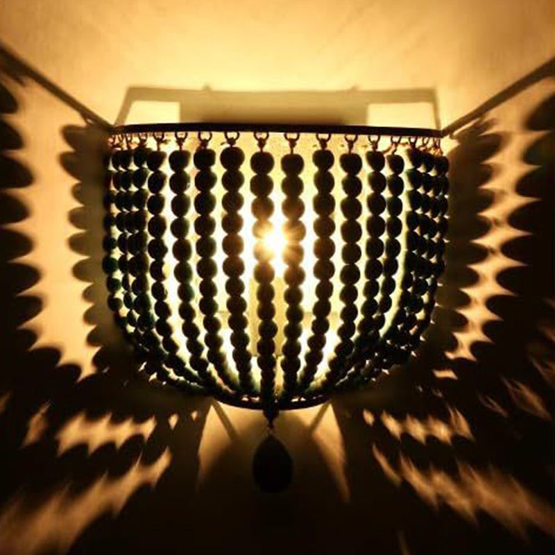 Contemporary Boho Solid Wood Iron Beaded Wall Sconce Lamp