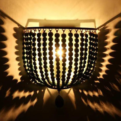 Contemporary Boho Solid Wood Iron Beaded Wall Sconce Lamp