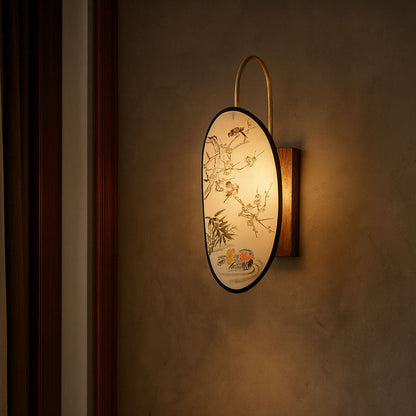 Chinese Hawthorn Wood Brass Fabric 1-Light Wall Sconce Lamp