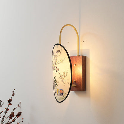 Chinese Hawthorn Wood Brass Fabric 1-Light Wall Sconce Lamp