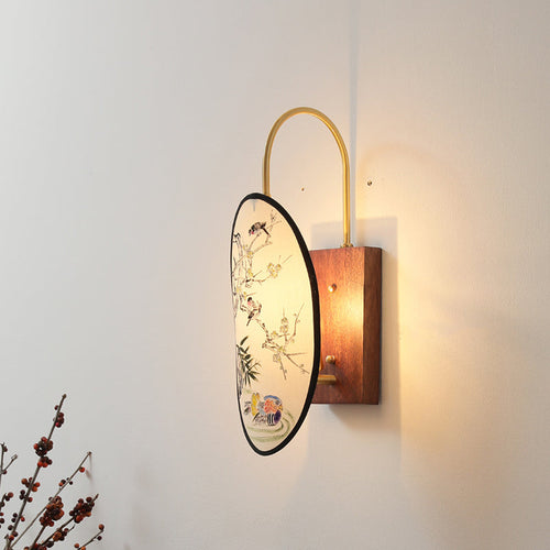Chinese Hawthorn Wood Brass Fabric 1-Light Wall Sconce Lamp