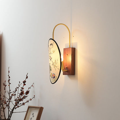 Chinese Hawthorn Wood Brass Fabric 1-Light Wall Sconce Lamp