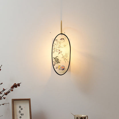 Chinese Hawthorn Wood Brass Fabric 1-Light Wall Sconce Lamp