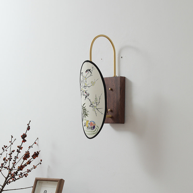 Chinese Hawthorn Wood Brass Fabric 1-Light Wall Sconce Lamp