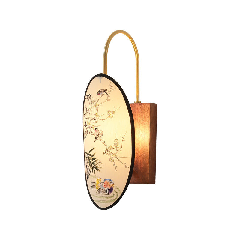 Chinese Hawthorn Wood Brass Fabric 1-Light Wall Sconce Lamp