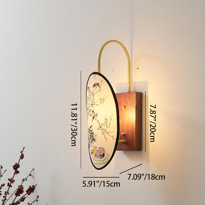 Chinese Hawthorn Wood Brass Fabric 1-Light Wall Sconce Lamp