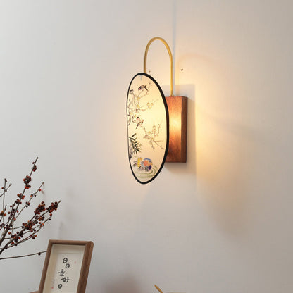 Chinese Hawthorn Wood Brass Fabric 1-Light Wall Sconce Lamp