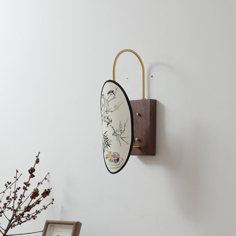 Chinese Hawthorn Wood Brass Fabric 1-Light Wall Sconce Lamp