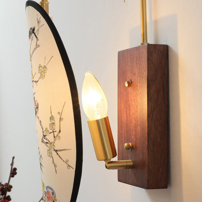 Chinese Hawthorn Wood Brass Fabric 1-Light Wall Sconce Lamp