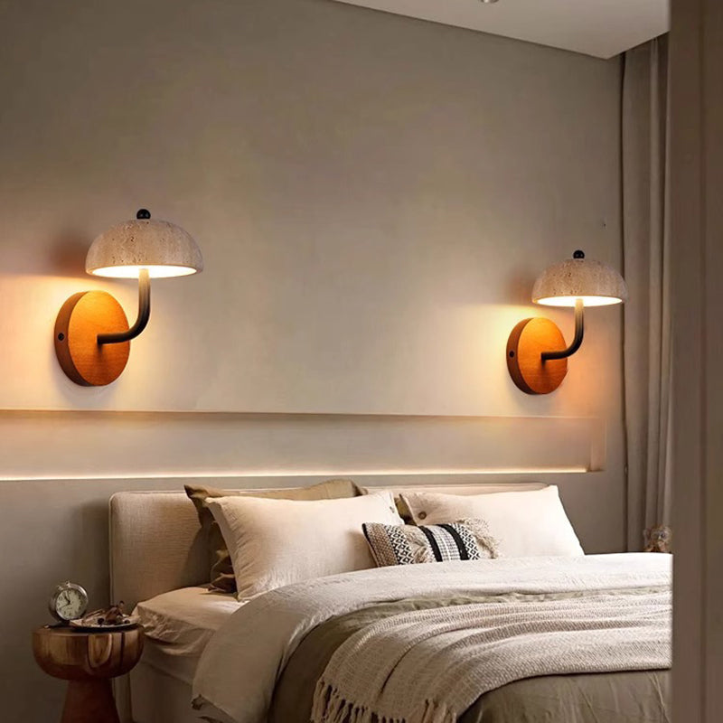 Round Mushroom Metal Walnut Travertine LED Wall Sconce Lamp