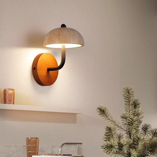 Round Mushroom Metal Walnut Travertine LED Wall Sconce Lamp