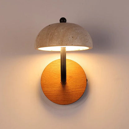 Round Mushroom Metal Walnut Travertine LED Wall Sconce Lamp