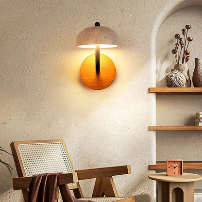 Round Mushroom Metal Walnut Travertine LED Wall Sconce Lamp