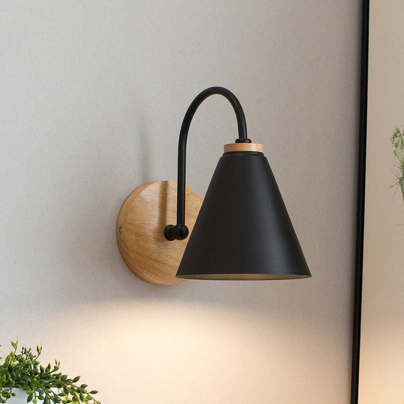 Nordic Conical Solid Wood Iron 1-Light Wall Sconce Lamp