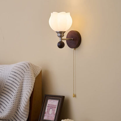 Zipper Flower Metal Ash Wood Glass 1-Light Wall Sconce Lamp