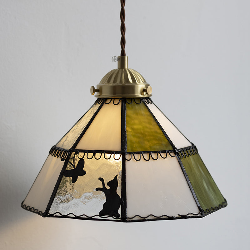 Tiffany Cat Pattern Brass Glass 1-Light Wall Sconce Lamp