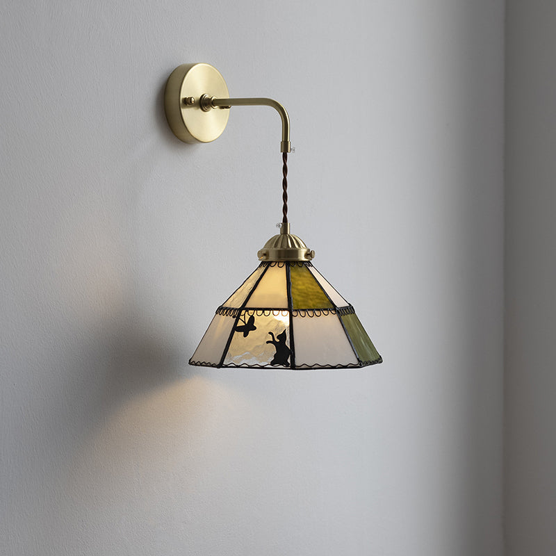 Tiffany Cat Pattern Brass Glass 1-Light Wall Sconce Lamp