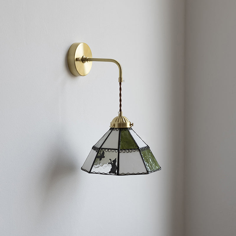 Tiffany Cat Pattern Brass Glass 1-Light Wall Sconce Lamp