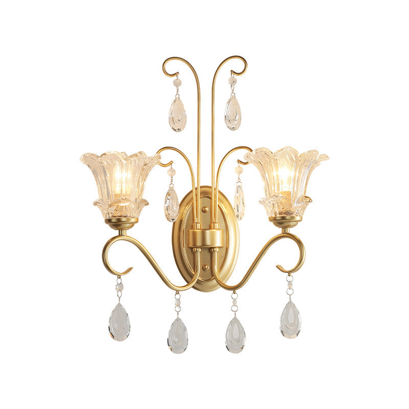 French Iron Crystal Glass 2-Light Wall Sconce Lamp