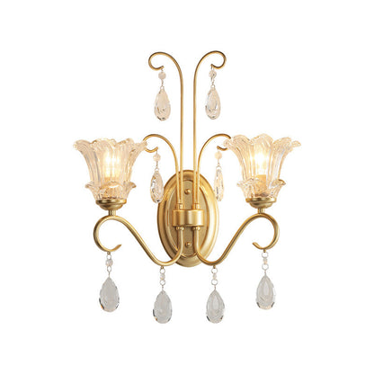 French Iron Crystal Glass 2-Light Wall Sconce Lamp