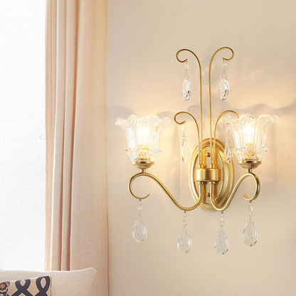 French Iron Crystal Glass 2-Light Wall Sconce Lamp