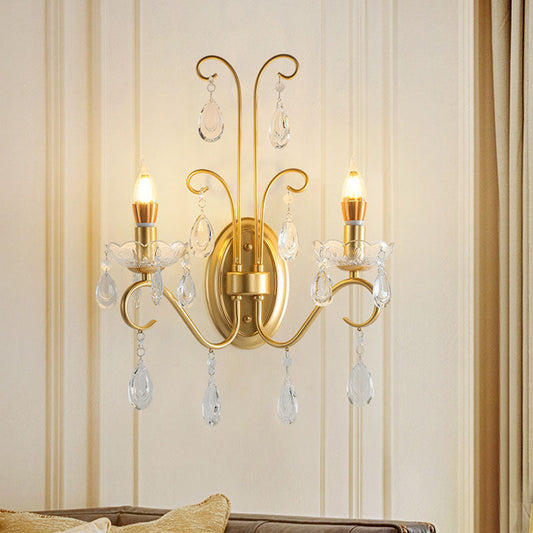 French Iron Crystal Glass 2-Light Wall Sconce Lamp