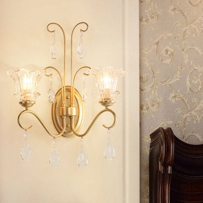 French Iron Crystal Glass 2-Light Wall Sconce Lamp