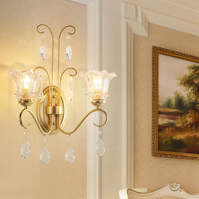 French Iron Crystal Glass 2-Light Wall Sconce Lamp