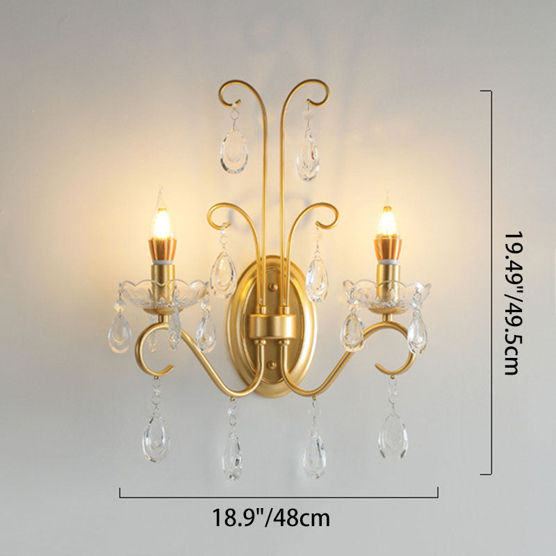 French Iron Crystal Glass 2-Light Wall Sconce Lamp