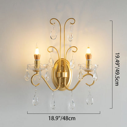 French Iron Crystal Glass 2-Light Wall Sconce Lamp