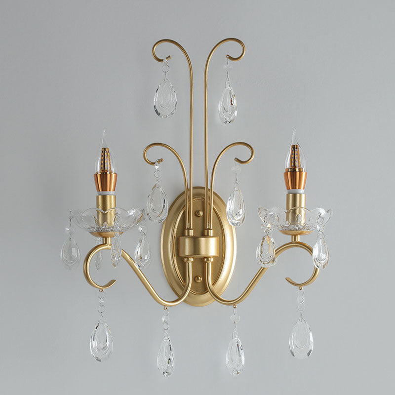 French Iron Crystal Glass 2-Light Wall Sconce Lamp