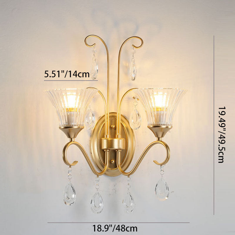 French Iron Crystal Glass 2-Light Wall Sconce Lamp