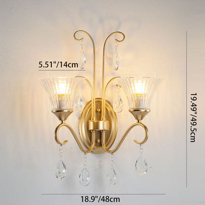 French Iron Crystal Glass 2-Light Wall Sconce Lamp