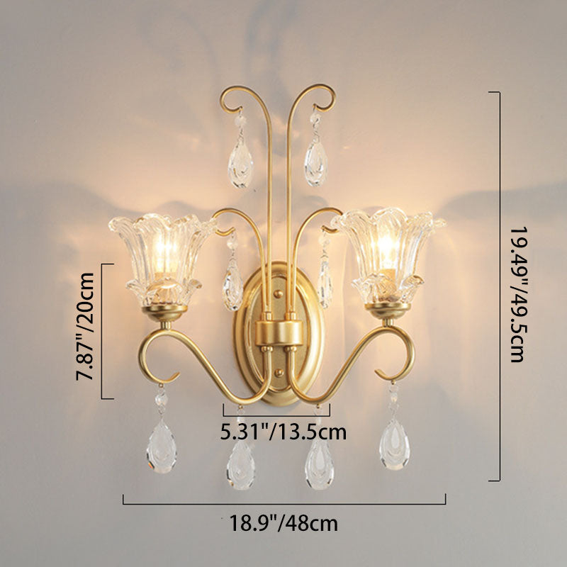 French Iron Crystal Glass 2-Light Wall Sconce Lamp