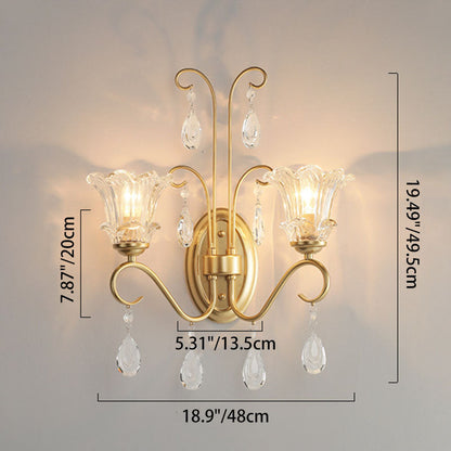 French Iron Crystal Glass 2-Light Wall Sconce Lamp