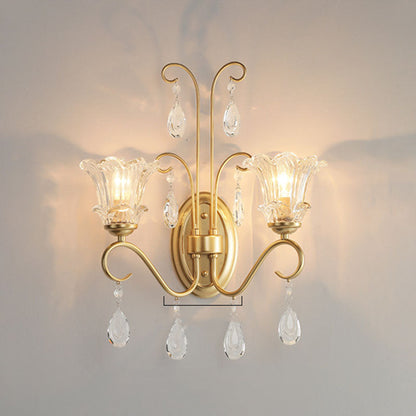 French Iron Crystal Glass 2-Light Wall Sconce Lamp