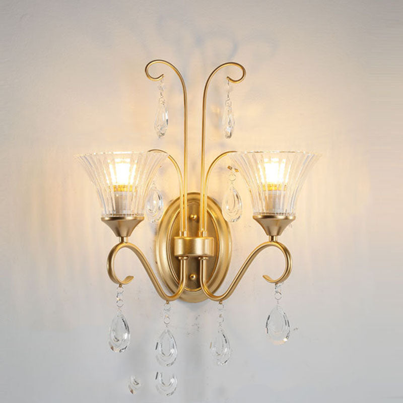 French Iron Crystal Glass 2-Light Wall Sconce Lamp