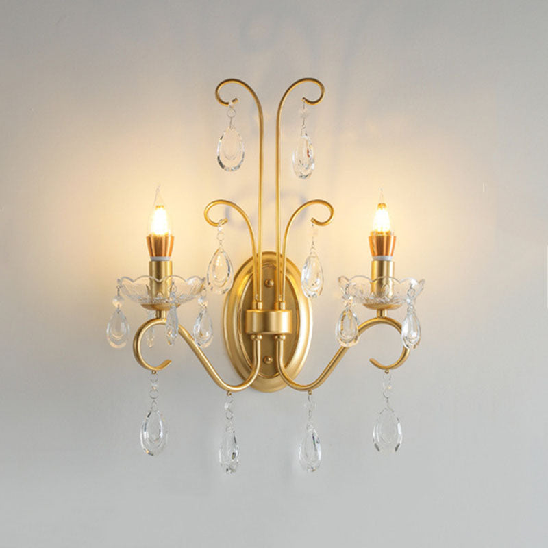 French Iron Crystal Glass 2-Light Wall Sconce Lamp