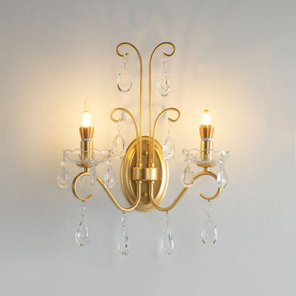 French Iron Crystal Glass 2-Light Wall Sconce Lamp