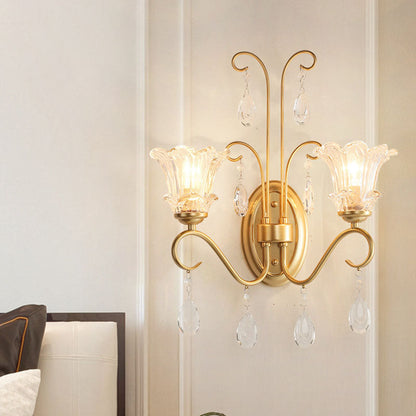 French Iron Crystal Glass 2-Light Wall Sconce Lamp