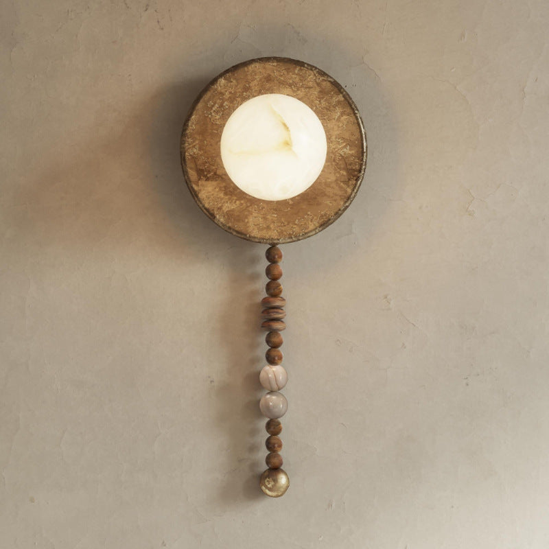 Round Lampshade Solid Wood Iron 1 - Light Wall Sconce Lamp